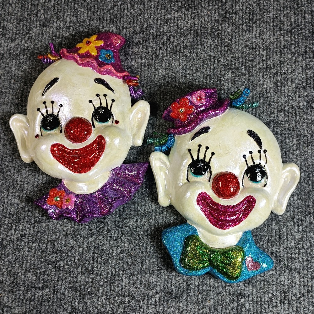 Clown Wall Decor Ceramic Face Heads Colorful Circus Carnival Pair Set
